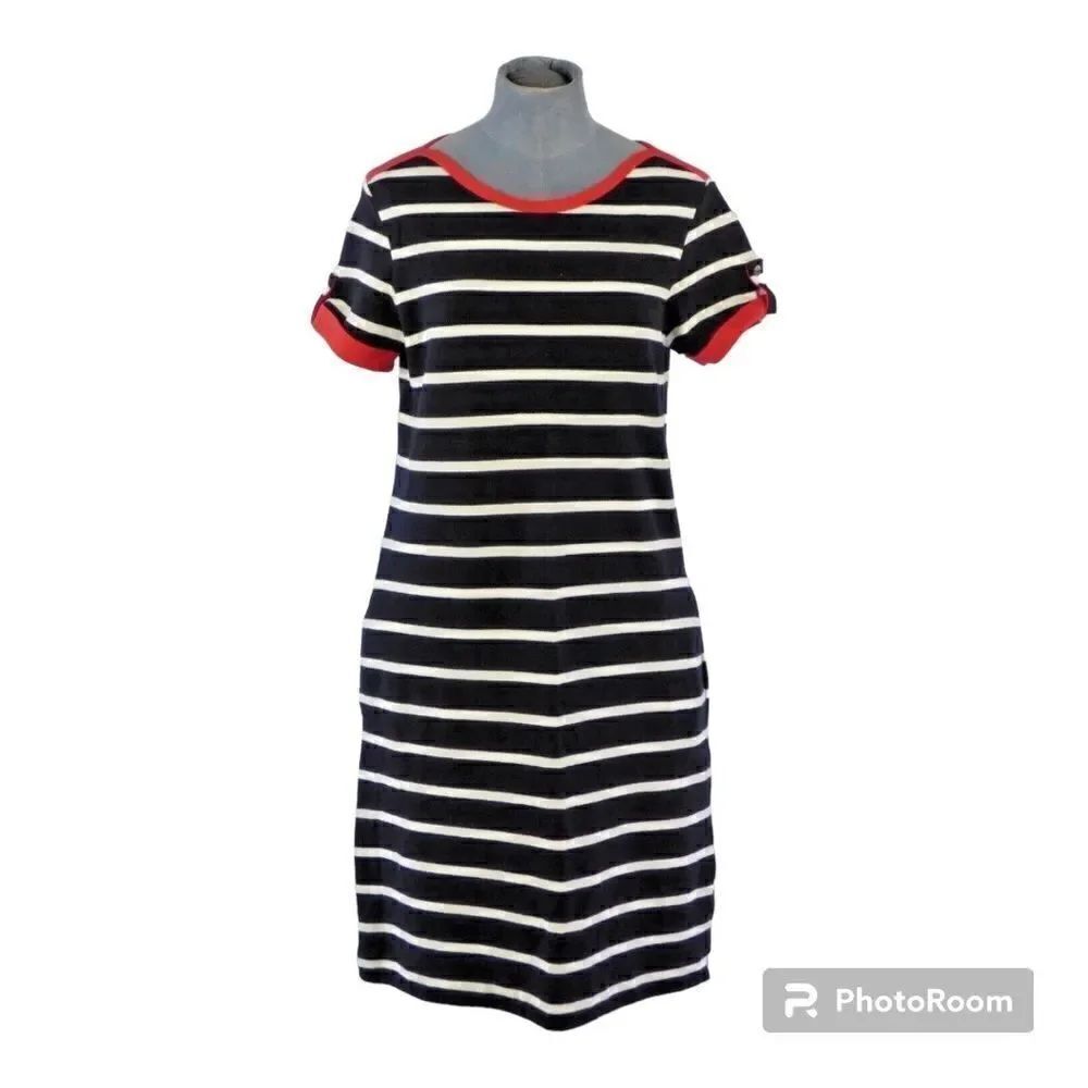 Lands End Striped Dress Round Neck Short Sleeve Navy White Summer Casual XS